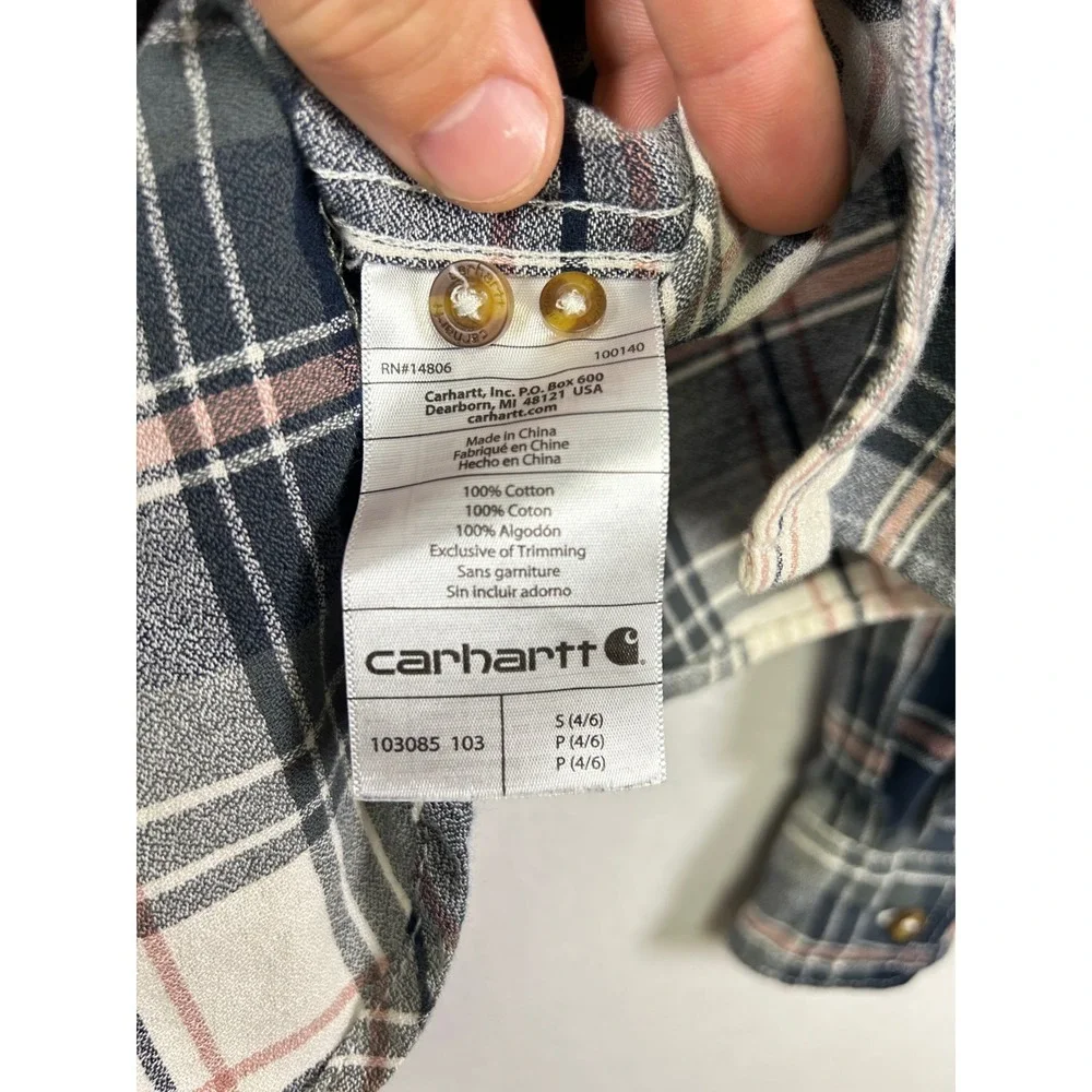 Workwear Carhartt Womens S Navy Pink Plaid Flannel Button Down Shirt‎ Utility